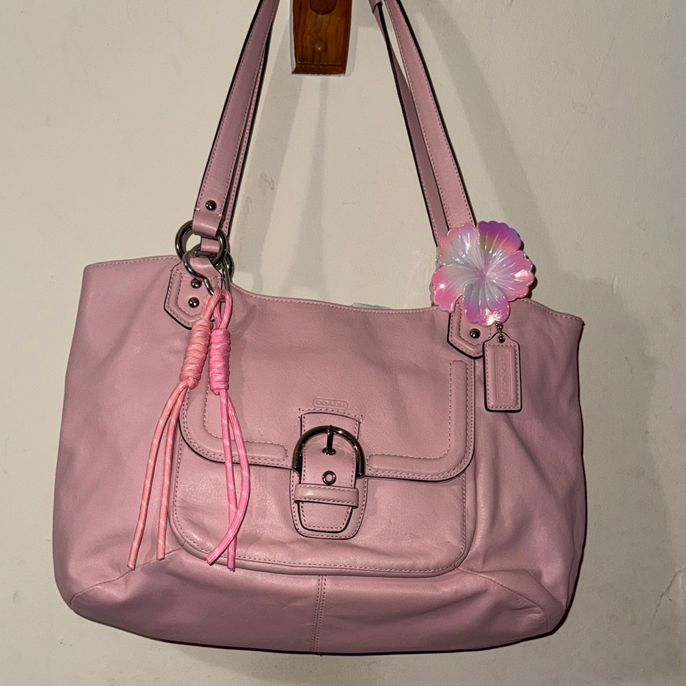 Coach Pink Leather Shoulder Bag with Front Buckle Pocket